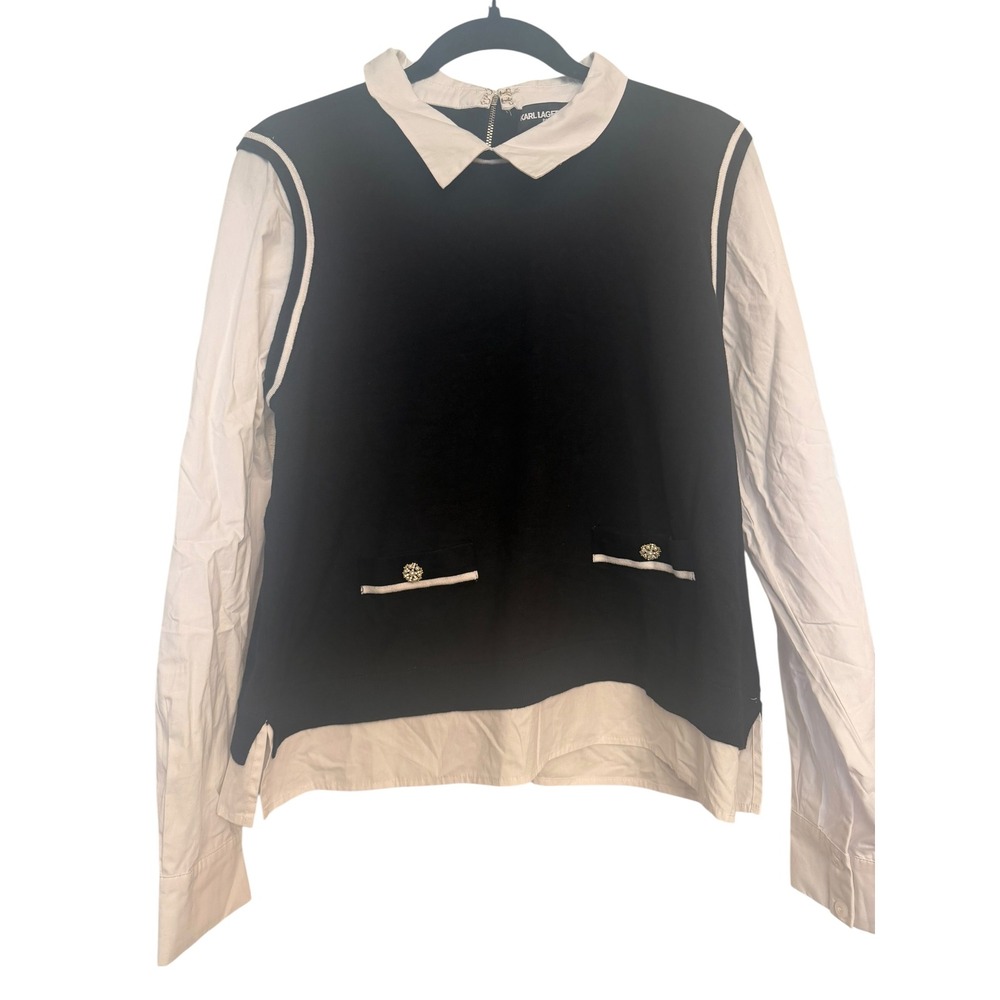 Karl Lagerfeld Paris Womens Black White Layered Look Sweater Shirt Top Large